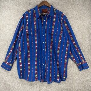 VTG Rustler By Wrangler 90s Shirt XXL Cowboy Rodeo Blue Red Stripe Southwestern